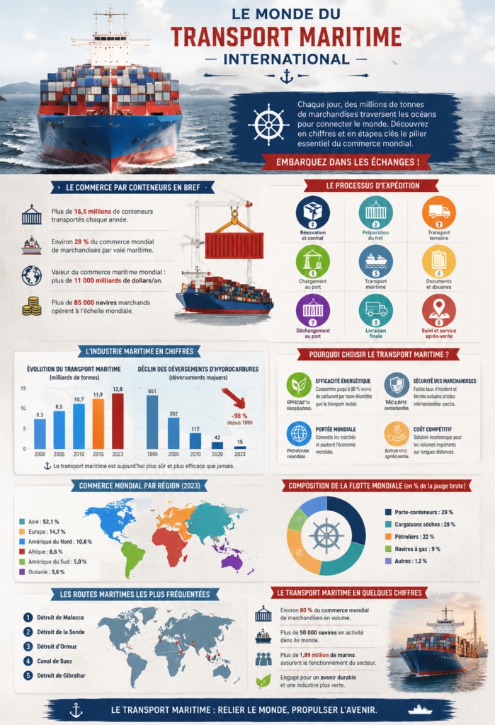 Image représentant le processus d'expédition internationale avec des conteneurs maritimes et un cargo