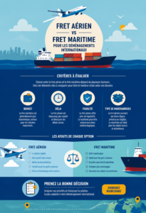 Comparaison entre fret aérien et maritime pour un déménagement international.