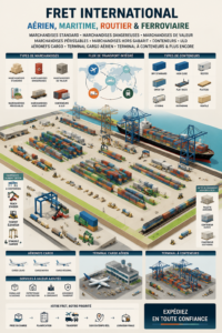 Fret international : différents moyens de transport aérien, maritime et routier.