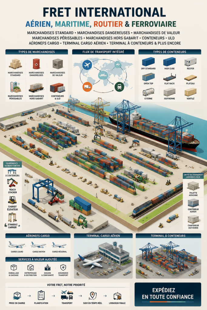 Fret international : différents moyens de transport aérien, maritime et routier.