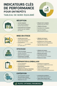 Tableau de bord avec des indicateurs clés pour la gestion d'un entrepôt.