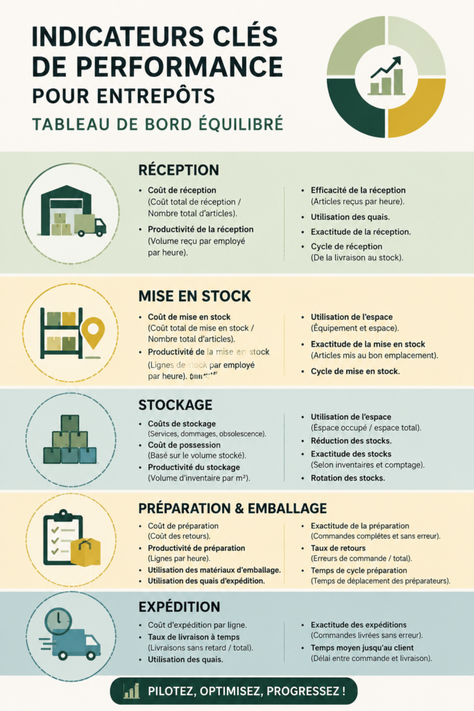 Tableau de bord avec des indicateurs clés pour la gestion d'un entrepôt.