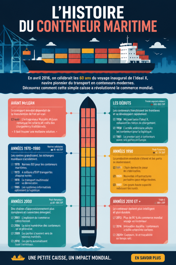 Conteneur maritime sur un port animé, illustrant l'importance du transport maritime.