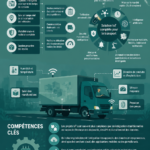 Illustration représentant des camions et des systèmes de gestion connectés grâce à l'IOT pour le transport.