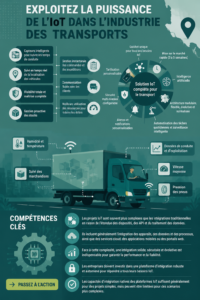 Illustration représentant des camions et des systèmes de gestion connectés grâce à l'IOT pour le transport.