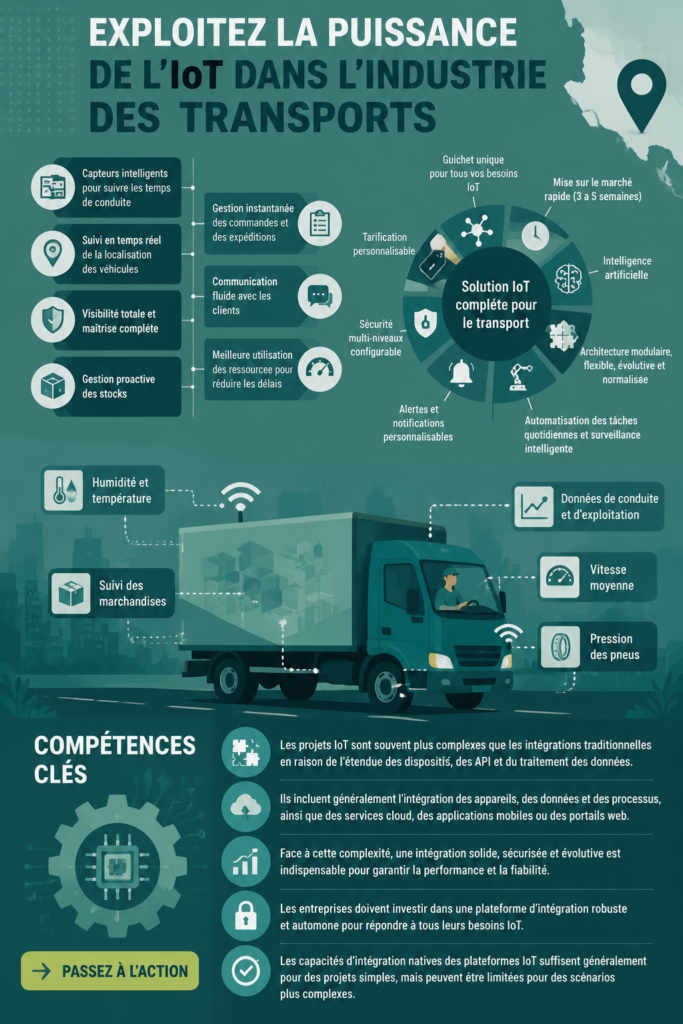 Illustration représentant des camions et des systèmes de gestion connectés grâce à l'IOT pour le transport.