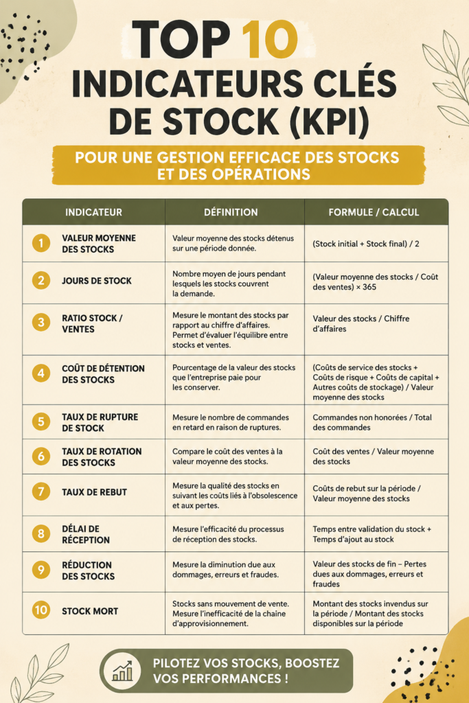 Graphique illustrant les KPIs de gestion d'inventaire avec des flèches et des données visuelles.