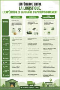 Illustration représentant la différence entre logistique, expédition et chaîne d'approvisionnement