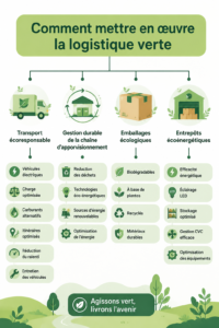 Une infographie sur la mise en œuvre de logistique verte avec des éléments écologiques.