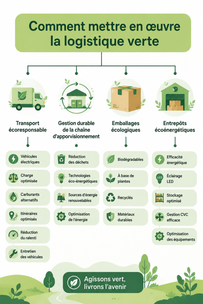Une infographie sur la mise en œuvre de logistique verte avec des éléments écologiques.