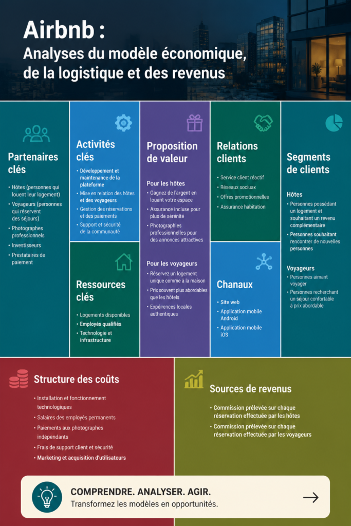 Illustration du modèle économique d'Airbnb avec divers types de logements disponibles.