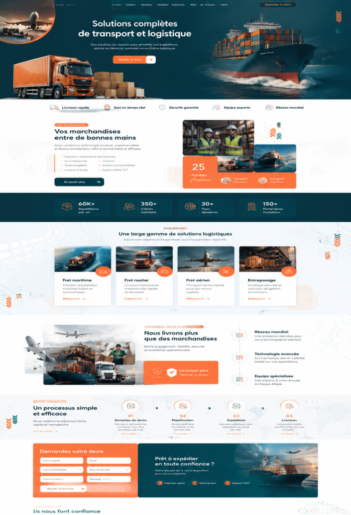 Exemple de modèle Figma pour une entreprise de logistique, montrant une interface claire et professionnelle.