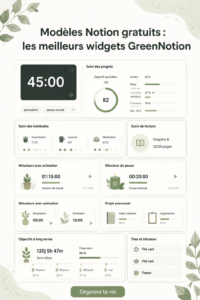 Capture d'écran d'un modèle Notion organisé et esthétique pour la productivité.