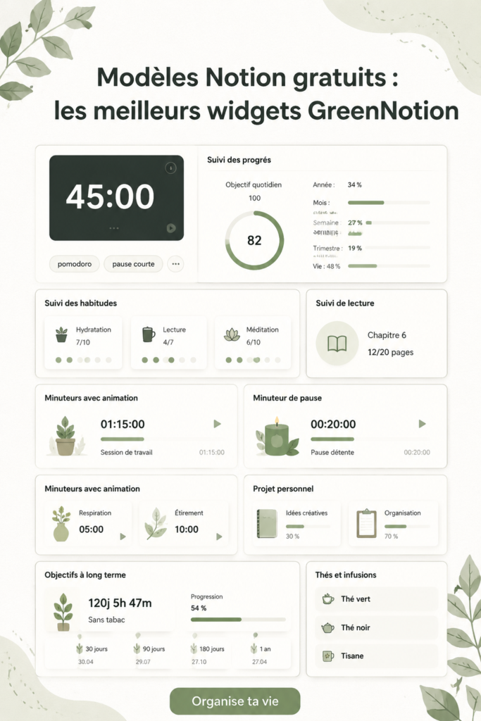Capture d'écran d'un modèle Notion organisé et esthétique pour la productivité.