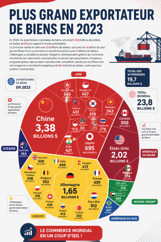Carte du monde montrant les principaux pays exportateurs de biens en 2023.