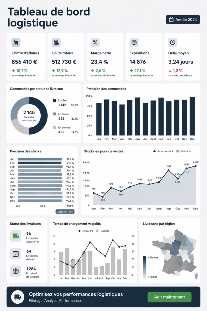 Tableau de logistique avec des graphiques et des données opérationnelles