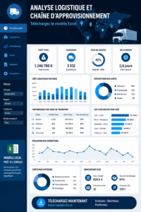 Capture d'écran d'un modèle Excel pour la gestion logistique montrant des graphiques et des tableaux.