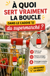 Un caddie de supermarché avec une boucle visible pour améliorer l'organisation des courses.