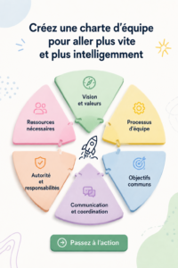 Image d'une équipe en réunion autour d'une table, discutant de la création de leur charte d'équipe.