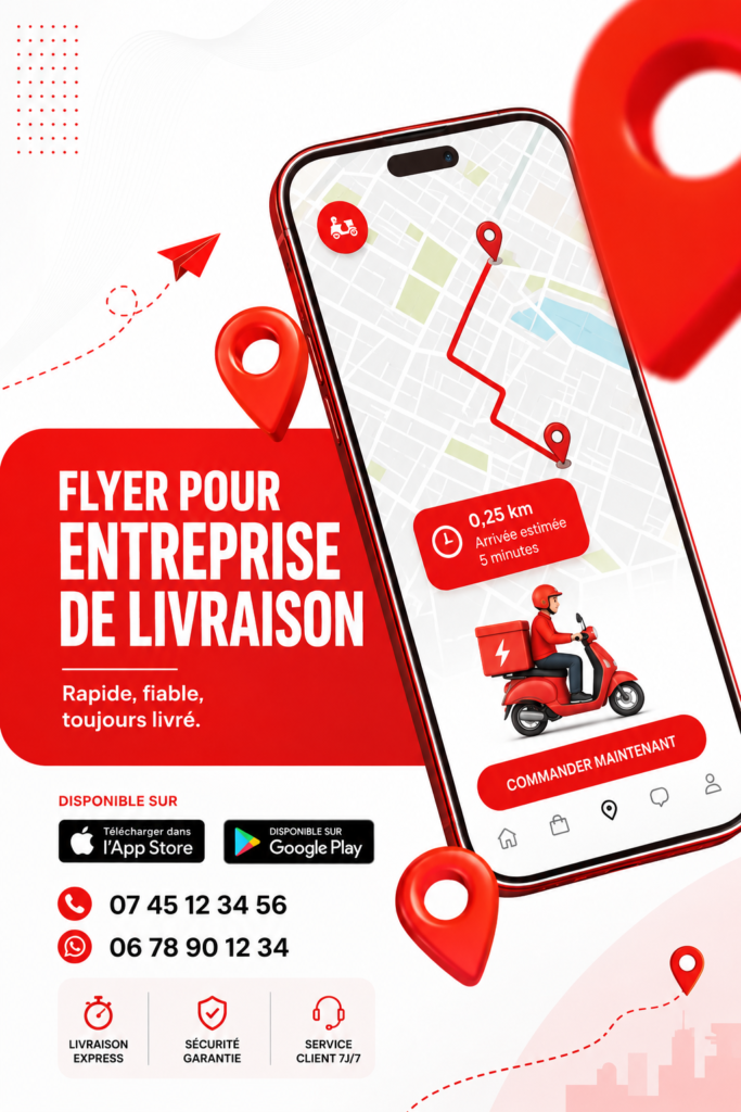 Un flyer coloré pour une entreprise de livraison, mis en avant sur une table.