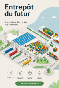 Image d'un dépôt moderne avec rayonnages automatisés et technologie avancée, symbolisant le futur de la logistique.