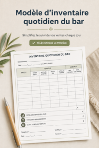 Une personne gérant l'inventaire d'un bar avec un tableau et des outils de comptabilité.