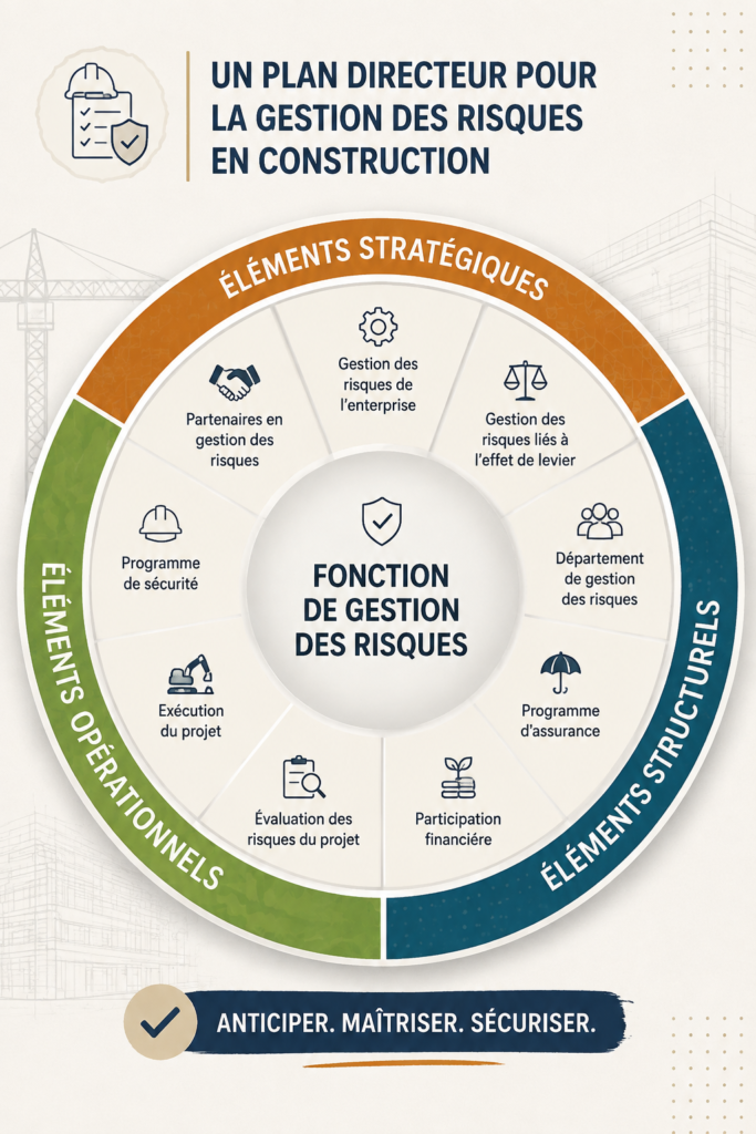 Femme supervisant un chantier de construction, avec un plan de gestion des risques en mains.