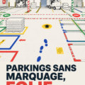 Femme stationnant sa voiture dans un parking non marqué, cherchant un moyen d'optimiser l'espace