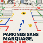 Femme stationnant sa voiture dans un parking non marqué, cherchant un moyen d'optimiser l'espace