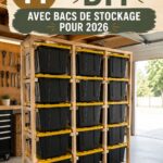 Un rack à tote bags fait maison, avec plusieurs sacs bien organisés