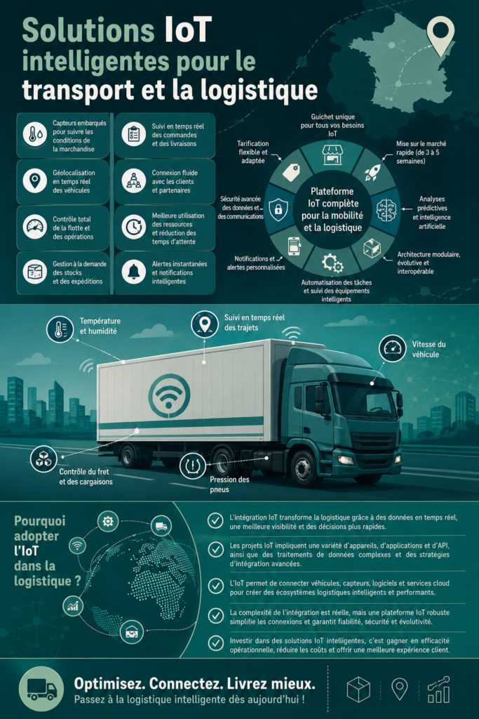 Femme examinant des données logistiques sur un ordinateur avec des éléments d'IoT.