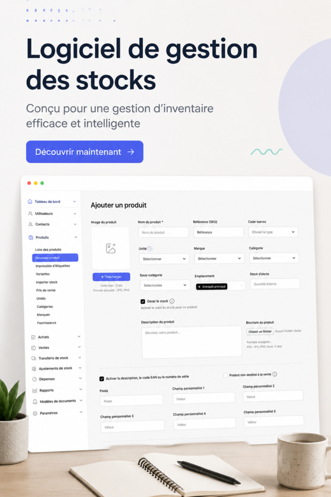 Femme utilisant un logiciel de gestion des stocks sur un ordinateur, entourée de produits organisés.