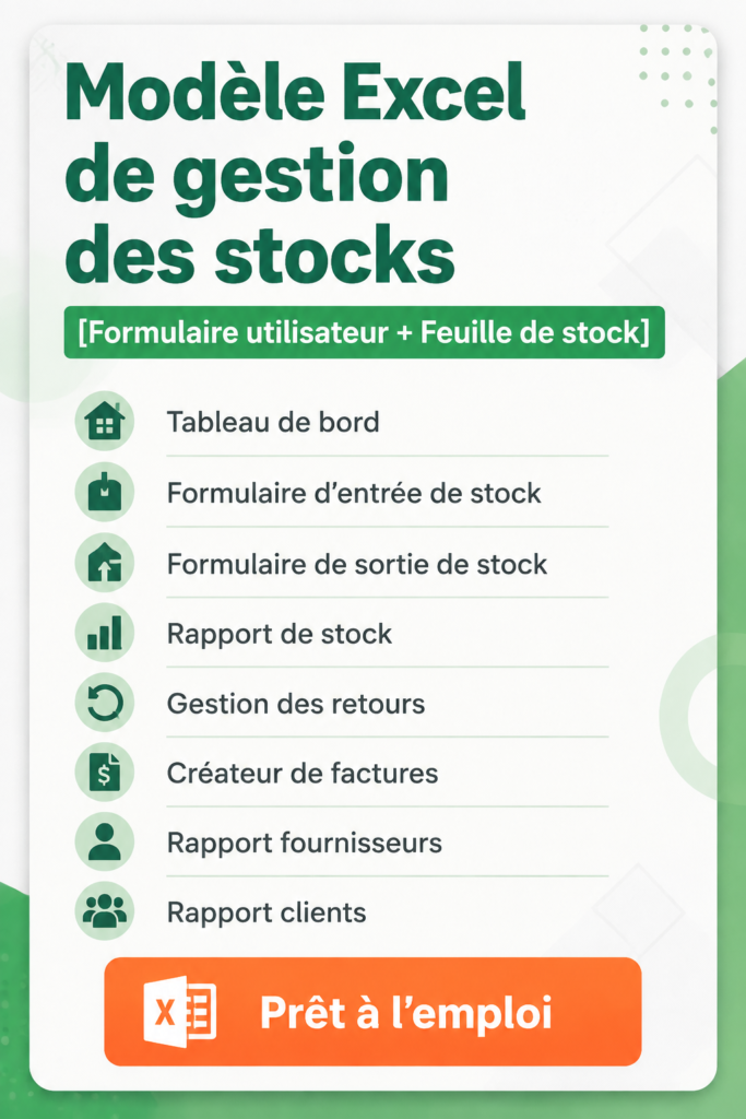 Modèle Excel de gestion d'inventaire facile à utiliser avec des colonnes pour les produits et les quantités.