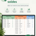 Capture d'écran d'un modèle Excel de gestion d'inventaire avec des colonnes pour le stock et les mouvements.