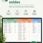 Capture d'écran d'un modèle Excel de gestion d'inventaire avec des colonnes pour le stock et les mouvements.