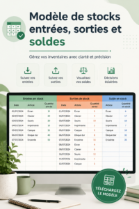 Capture d'écran d'un modèle Excel de gestion d'inventaire avec des colonnes pour le stock et les mouvements.
