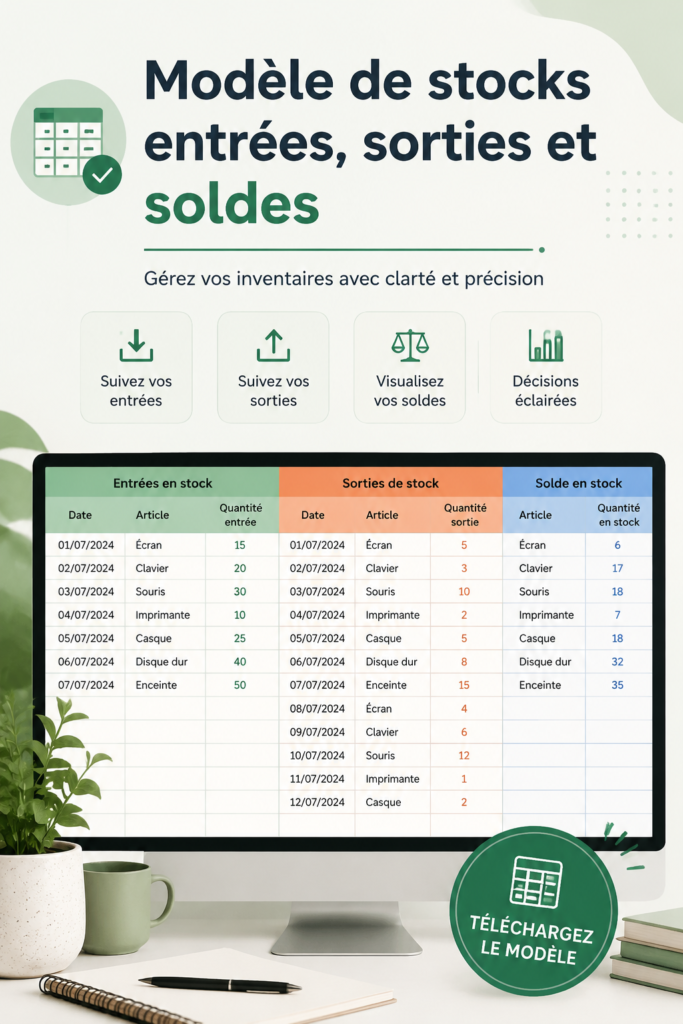 Capture d'écran d'un modèle Excel de gestion d'inventaire avec des colonnes pour le stock et les mouvements.