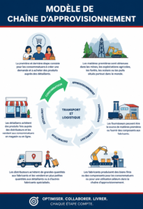 Infographie d'un modèle de supply chain illustrant les étapes clés et les relations