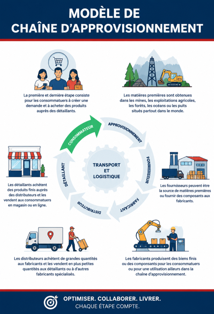 Infographie d'un modèle de supply chain illustrant les étapes clés et les relations