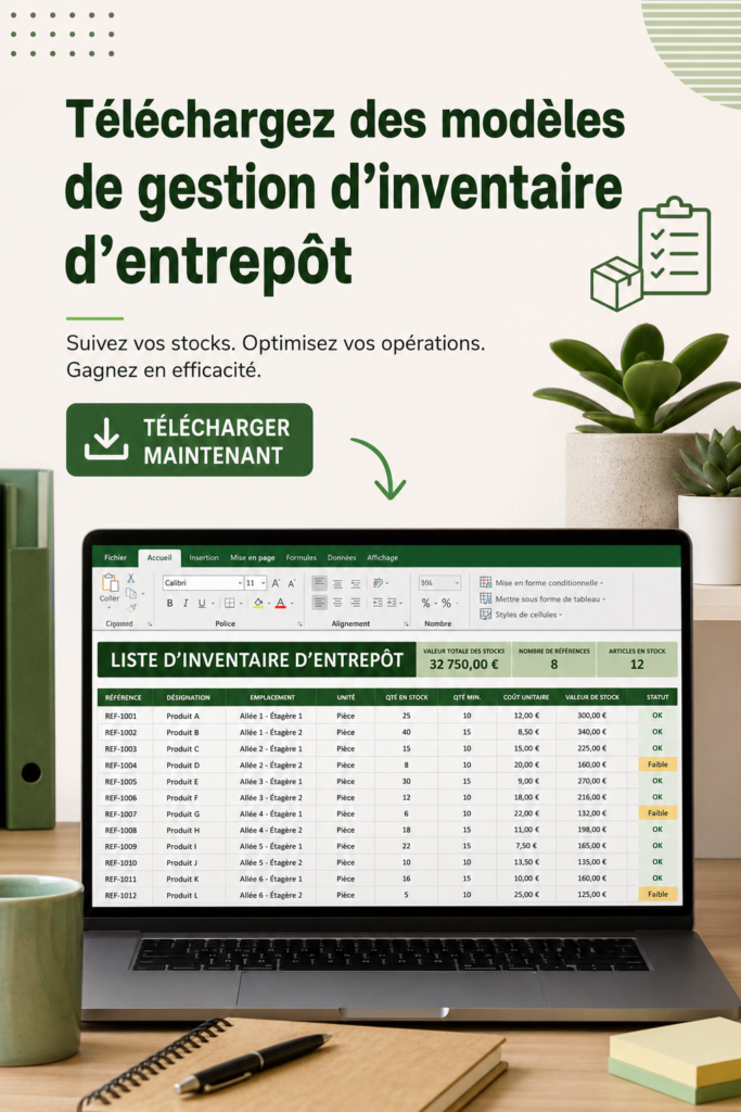 Modèle de gestion d'inventaire avec des colonnes pour le suivi des produits.