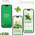 Femme souriante utilisant une application de transport sur son smartphone.