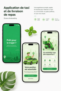 Femme souriante utilisant une application de transport sur son smartphone.