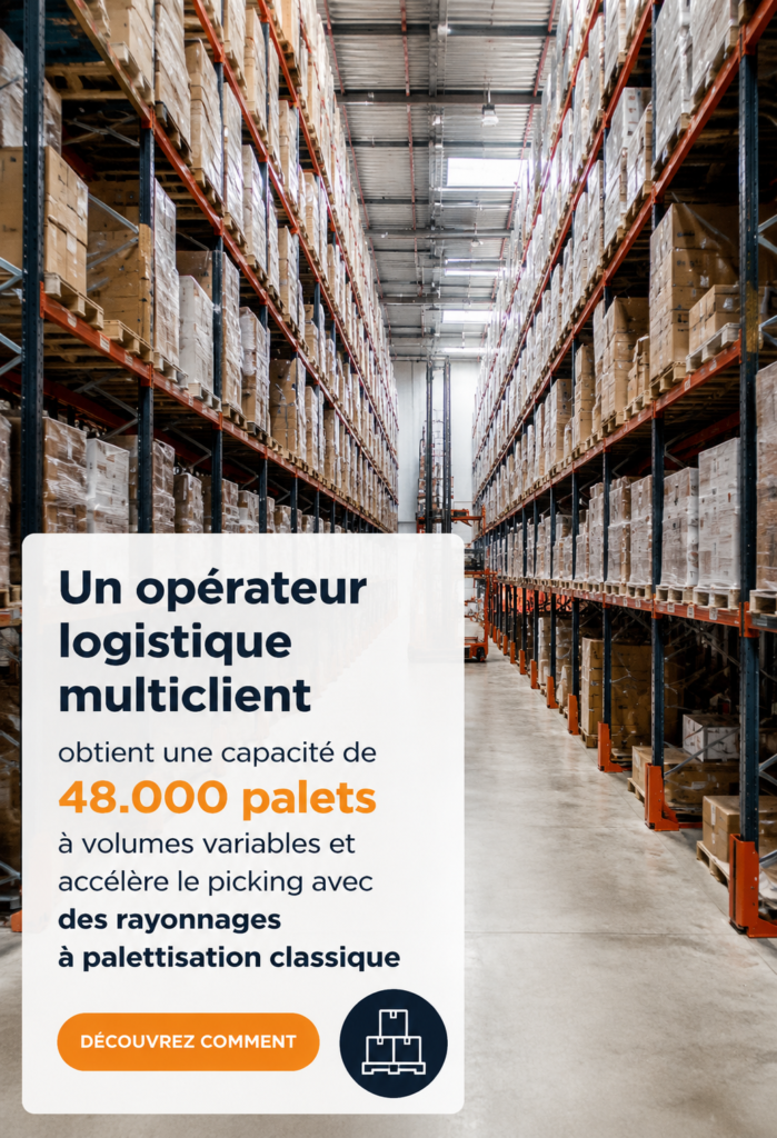 Vue d'un entrepôt bien organisé avec des palettes rangées de manière optimale.
