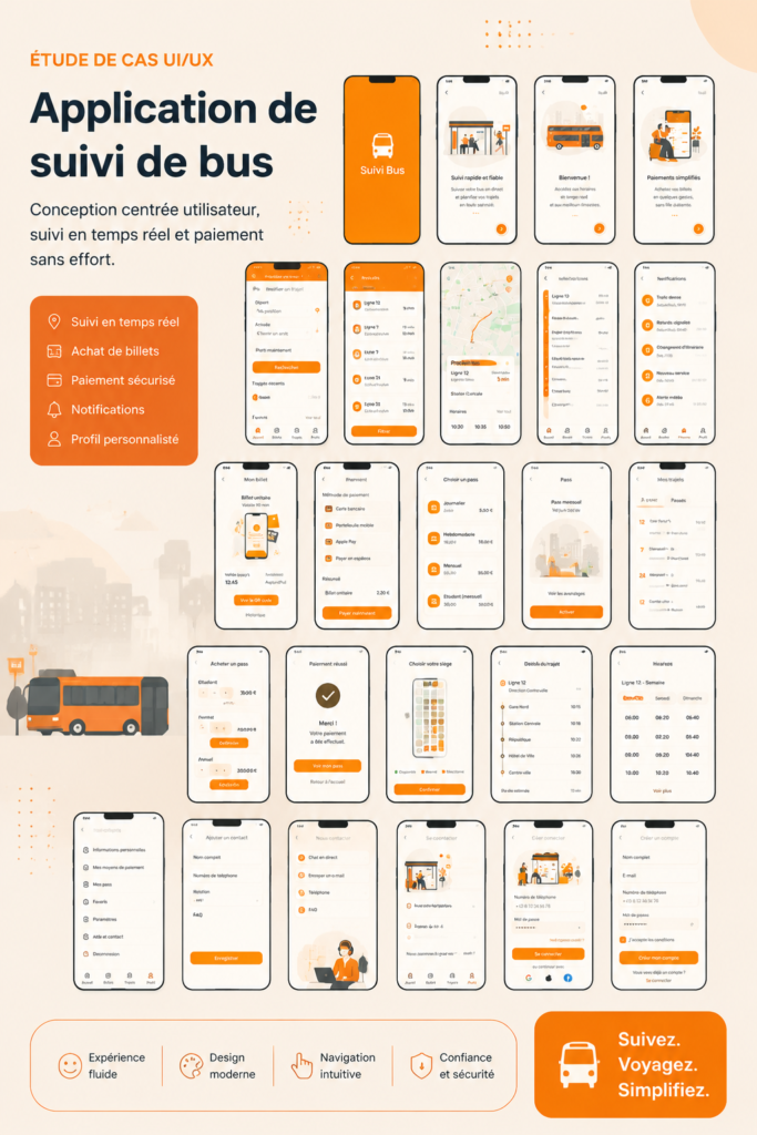 Capture d'écran d'une application de transport montrant le suivi en direct des bus.