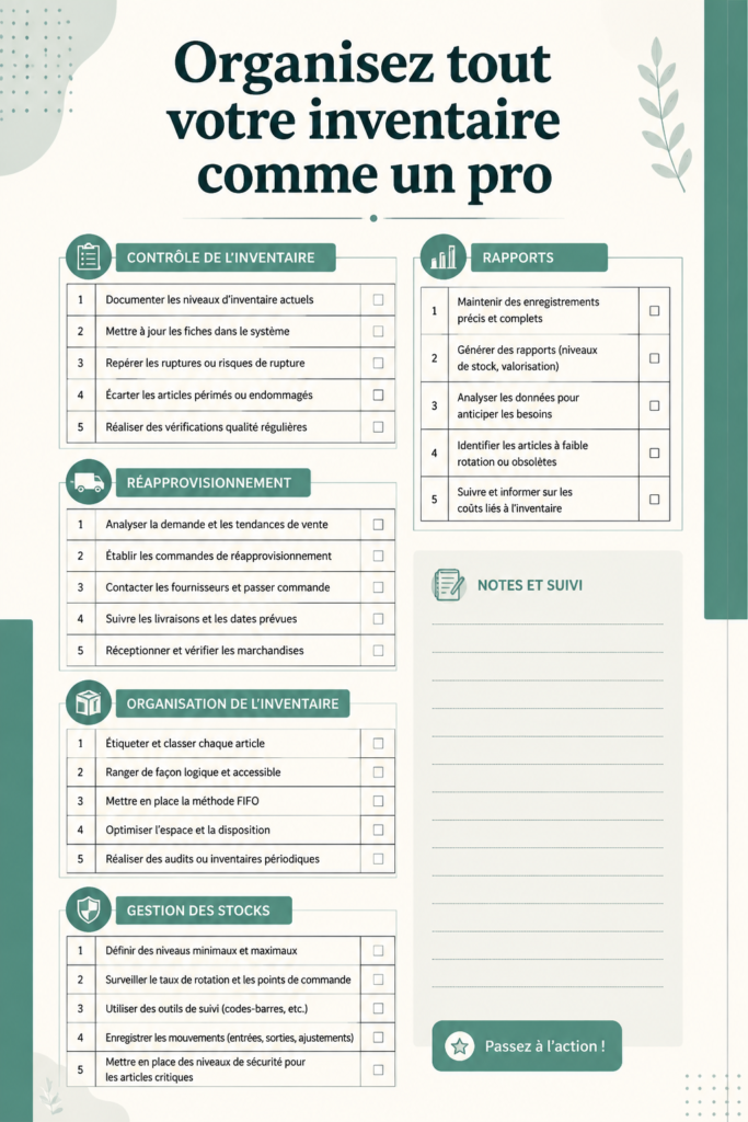 Femme organisant son inventaire avec des outils pratiques.