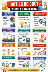 Infographie illustrant 12 outils de coût pour ingénieurs