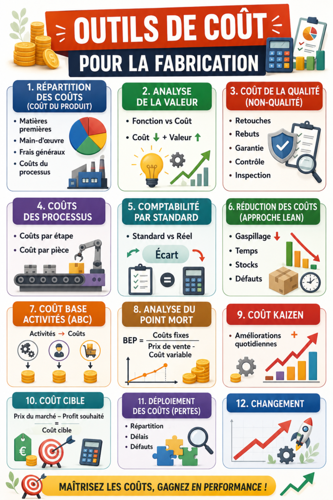 Infographie illustrant 12 outils de coût pour ingénieurs