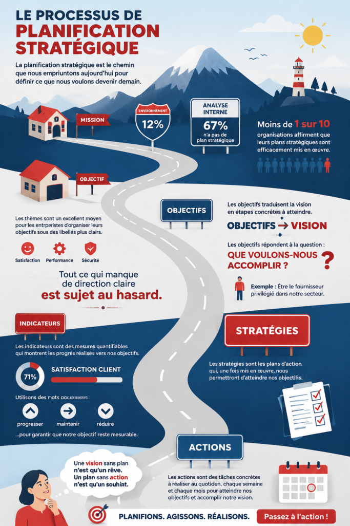 Illustration d'un processus de planification stratégique, représentant des étapes clés et des objectifs.
