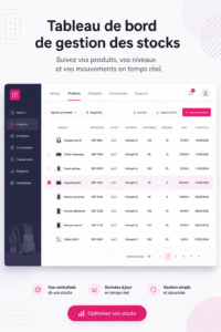 Tableau de gestion des stocks sur un bureau bien organisé avec des fournitures de bureau.