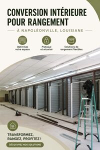 Espace de rangement organisé avec des étagères et des paniers en bois